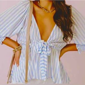 Striped Sky Blue & White Women's Tie Front Peplum Top/Deep V - Size S (Boutique)
